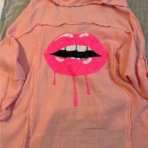 Pink Button Down Shirt with Lip Design